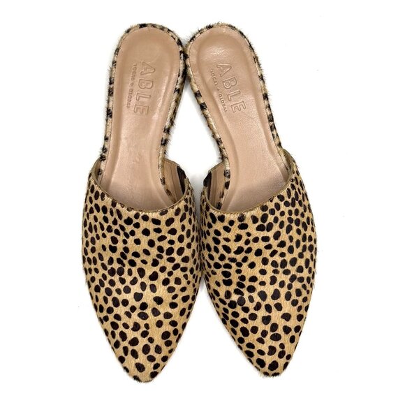 ABLE Women’s Leather and Calf Hair Leopard Mules Size 9 - Picture 1 of 7
